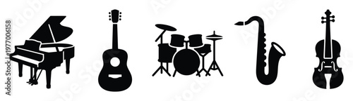 Collection of black silhouettes representing classic and modern musical instruments including a grand piano, acoustic guitar, drum set, saxophone, and violin for diverse music related