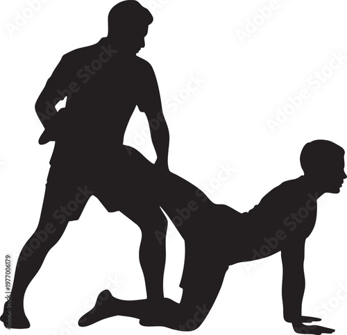 Vector graphic illustration of a man doing a rear entry sex position with another man on his knees from behind in a doggy style