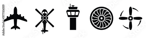 Professional collection of essential aviation industry symbols showcasing different aircraft types, an air traffic control tower, and engine propulsion components for aerospace