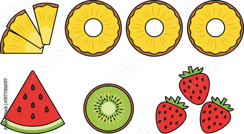 Vector illustration of tropical and common fruits including pineapple rings, wedges, watermelon, kiwi, and strawberries in colorful cartoon style