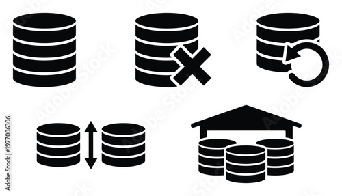 Database icons representing data management operations including storage, deletion, refresh, scaling, and warehousing for various computing and information technology applications.