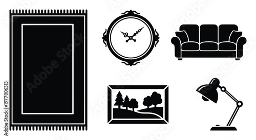 Essential home furniture and decor items presented as clean black silhouettes perfect for interior design projects digital presentations or basic graphic assets