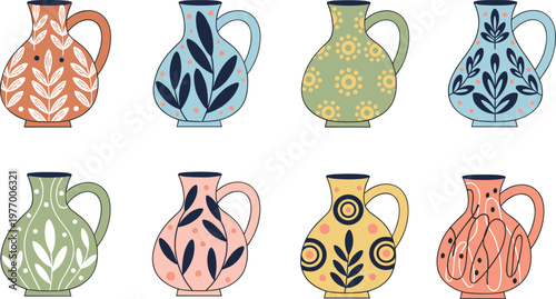 Colorful vector illustration of decorative pitchers symbolizing tradition, artistry, and folk design