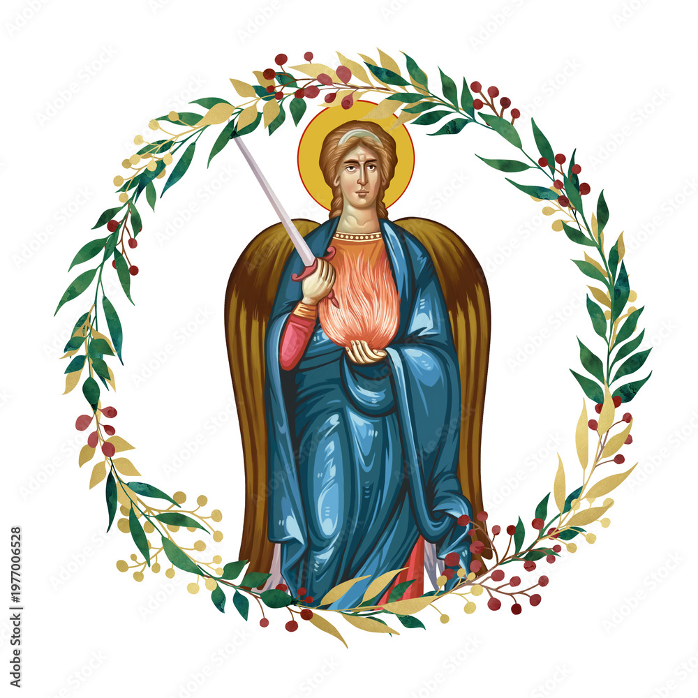 Fototapeta premium Archangel Uriel. Decorative vintage floral wreath, illustration in Byzantine style isolated