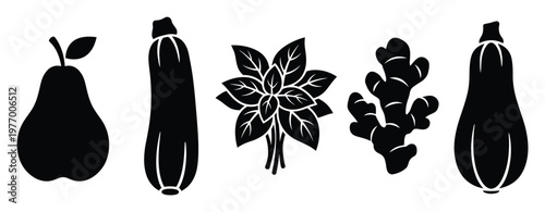 Assortment of natural produce silhouettes including sweet pear, green zucchini, aromatic basil, and spicy ginger, ideal for culinary recipe layouts or healthy lifestyle graphics.