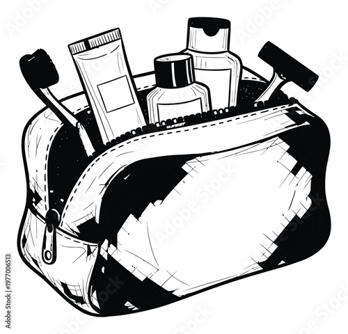 Convenient toiletry bag containing essential personal care items like a toothbrush, toothpaste, and shampoo bottles, perfect for travel hygiene and grooming product promotions.