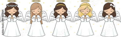 Colorful vector illustration of praying angels symbolizing peace, spirituality, and celestial harmony