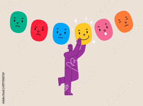 Man choosing the right mask to wear. Mental health and psychological problems. Colorful vector illustration