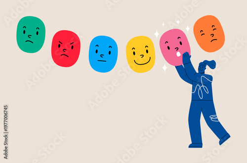 Woman choosing the right mask to wear. Mental health and psychological problems. Colorful vector illustration