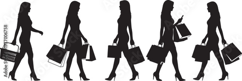 Black silhouette set of elegant women walking with shopping bags and baskets isolated on white background, female shoppers carrying purchases, flat vector illustration.