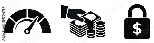 Financial performance gauge icon, hand giving money for transactions, and dollar sign padlock illustrating economic growth, payment, and financial security for business presentations.