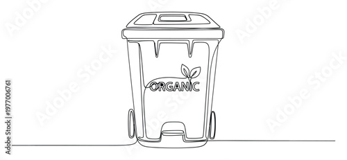 Continuous single line drawing of an organic waste bin featuring a leaf symbol, perfect for promoting sustainable living, environmental awareness, and ecofriendly waste management concepts.