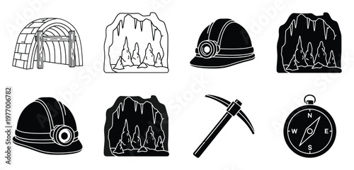Black and white icons representing various mining and cave exploration equipment and features, perfect for educational materials, mobile applications, or geological informational graphics.