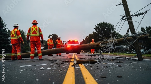 Utility linemen in safety gear repairing fallen power pole after storm damage on rural road
