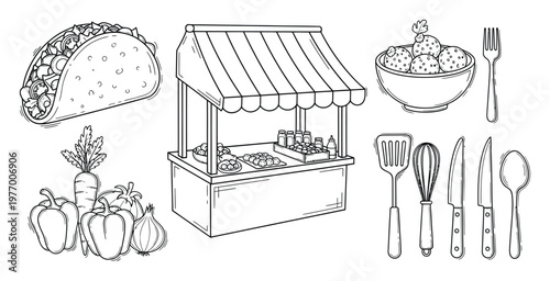 Detailed line drawing depicting a bustling street food stand with savory taco, fresh vegetables, cooking tools, and delicious snacks for culinary themed projects