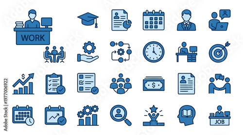 Collection of business and education icons showing work, teamwork, planning, calendars, charts, and learning concepts
