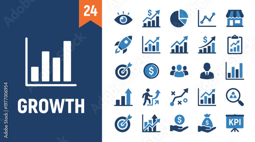 Growth analytics and data visualization concept featuring a bar chart, a 24 badge, and a collection of business icons representing performance metrics and scalable growth
