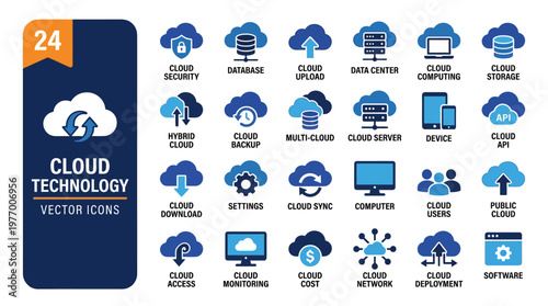 Cloud technology vector icon set for cloud computing, data storage, security, and digital infrastructure.