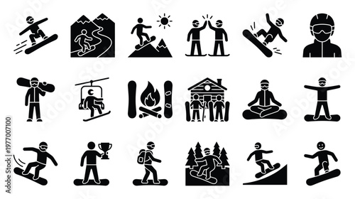Collection of winter snowboarding activity icons depicting various actions like riding, jumping, relaxing, and winning, perfect for outdoor sports apps and mountain resort marketing