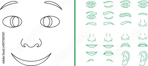 Minimalist line art collection of facial features. Left side shows a simple smiling face outline; right side displays a set of green-outlined eyes, eyebrows, noses, lips, and ears.