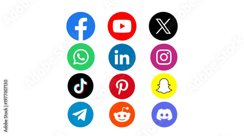 Colorful collection of popular social media app icons including Facebook, YouTube, X, WhatsApp, LinkedIn, Instagram, TikTok, Pinterest, Snapchat, Telegram, Reddit and Discord in round designs
