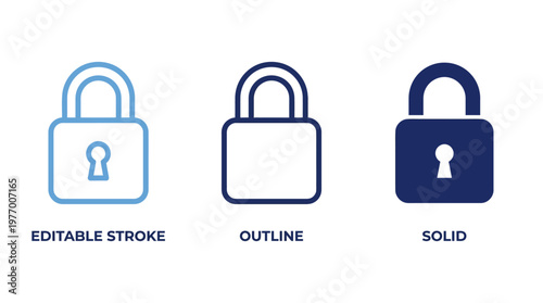 Tableau sur toile Set of three padlock icons in editable stroke, outline, and solid styles for UI security, privacy, and protection design