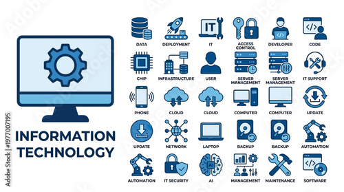 Information technology concept illustrated with blue icons depicting computers, servers, cloud computing, networking, data storage and IT services
