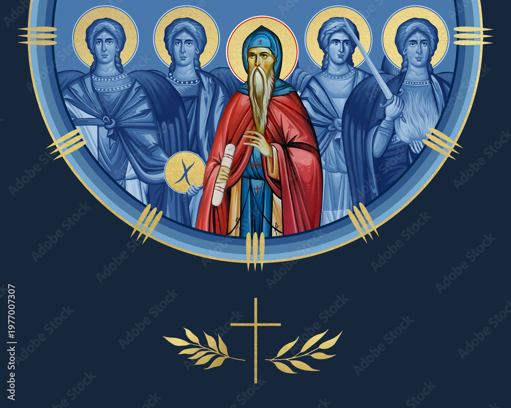 Naklejka premium Saint Prochor Pecersky and four cardinal points (Archangel Gabriel, Uriel, Raphael and Michael). Illustration in Byzantine style isolated