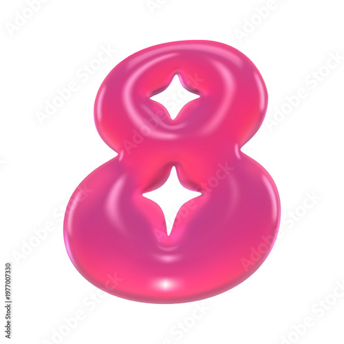 Glossy pink 3D jelly number 8, gummy marmalade numeral eight