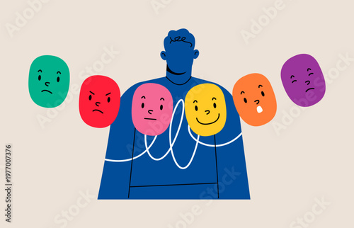 Man hiding real feelings. Mental health and psychological problems. Colorful vector illustration