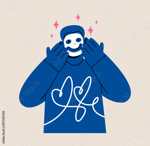 Skin care. Man puts on a cosmetic sheet mask. Colorful vector illustration