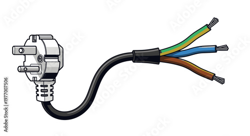 Electrical Power Plug with Exposed Wires Vector Illustration. European Style Plug and Cable Showing Internal Wiring and Connections.