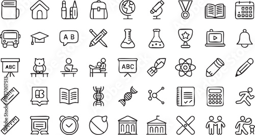 School and Academic Outline Icons with Books Science and Classroom Tools