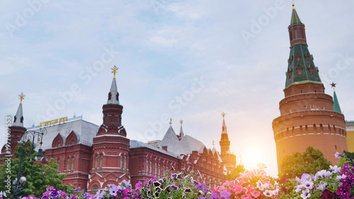 Photography State Historical Museum and Kremlin tower, Red Square, Moscow, Russia at sunset