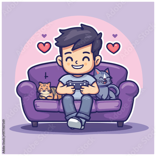 Boy Playing Video Games With Cats.