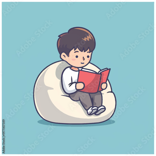 Boy sitting on bean bag chair.