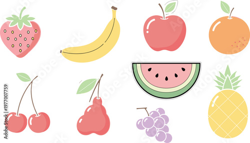 Kawaii Fruit Icon Set with Strawberries, Bananas, Apples, Oranges, Watermelons, Grapes, and Pineapples for Fresh, Healthy, and Cute Food Designs
