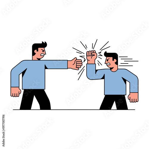 Two men fighting, one punching the other with a fist, conflict concept illustration