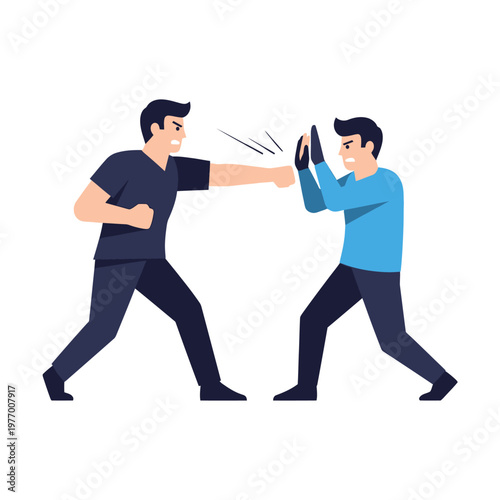 Two men fighting, one punching, the other blocking, isolated on white background.