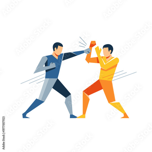 Two stylized men in combat, boxing, martial arts, fight, competition, dynamic action, vector art.