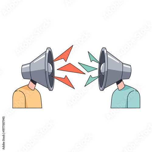 Two people with megaphones arguing, concept of conflict and disagreement