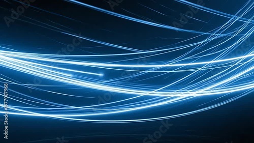 Abstract background featuring glowing blue light streaks moving across a dark space