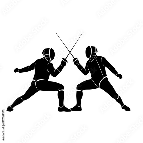 Two Fencers Silhouette Battling with Swords, Sport Competition