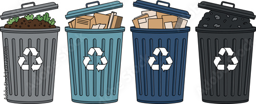 Recycling Trash Bins Set with Organic Waste Paper Cardboard and Coal Garbage in Colored Containers for Environmental Protection Illustration Design