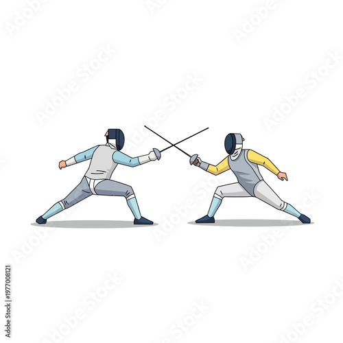 Two Fencers Sparring with Swords on White Background