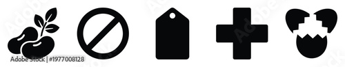 Diverse collection of black silhouette icons featuring a sprouting plant, a prohibition sign, a price tag, a plus symbol, and a broken heart ideal for modern digital user interface and