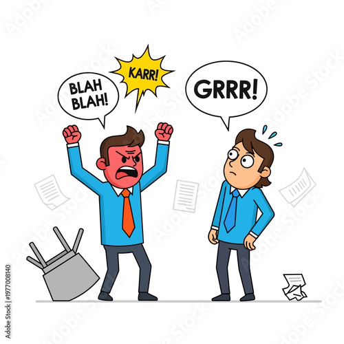 Angry businessman yelling at colleague, office conflict, stress, frustration, chaos
