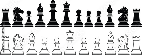 Chess pieces silhouette and outline vector set, black and white classic board game elements, strategy competition illustration isolated design