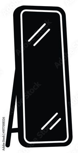 Minimalist graphic icon showcasing a stylish fulllength standing mirror with a practical back support, ideal for contemporary interior design applications and home furnishing guides.