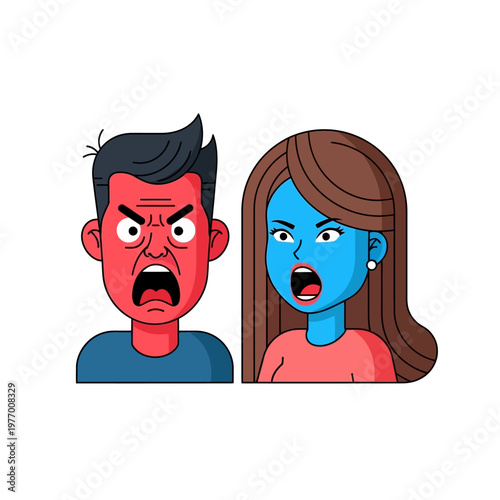 Angry Couple Arguing, Frustrated Man and Woman Shouting with Aggressive Expressions